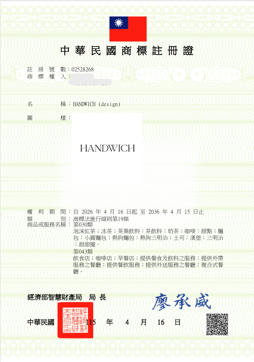 HANDWICH 商標註冊證明